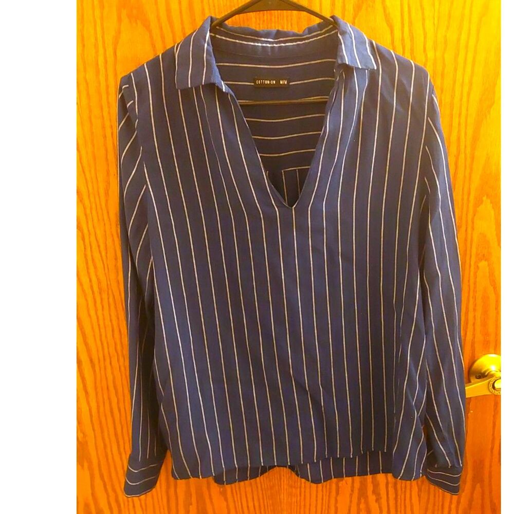 Cotton On Striped Long Sleeve V Neck Blouse Womens Medium Navy Blue Gray